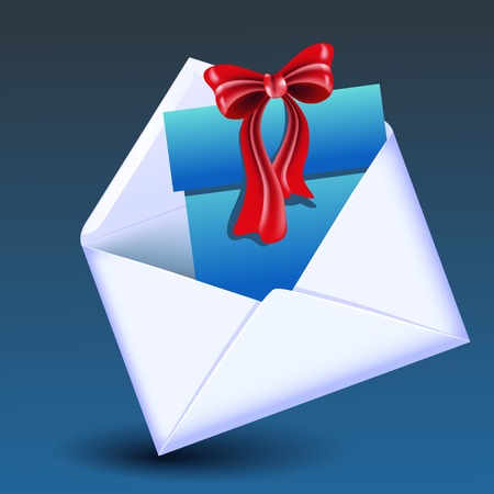Open envelope with gift box and red bow on blue backgroundのイラスト素材