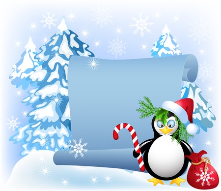 Penguin with Christmas candy on the scroll background in the forestのイラスト素材