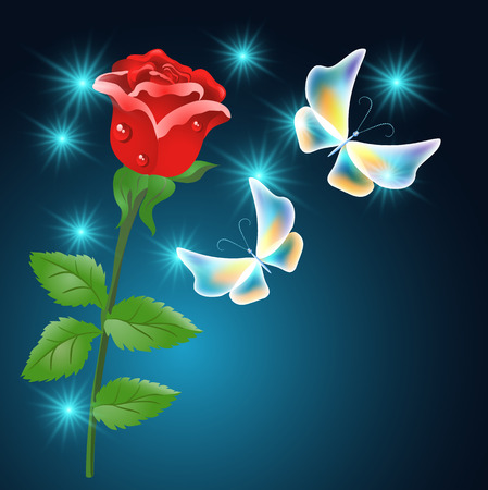 Red rose and transparent fabulous butterflies on the blue backgroundのイラスト素材