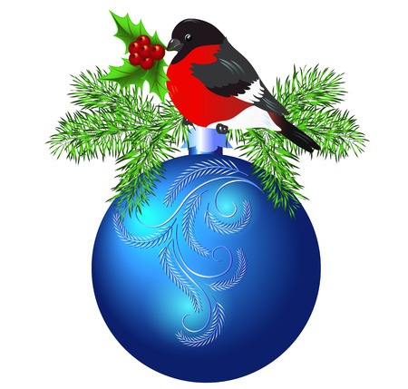 Christmas blue ball with bullfinch and spruce isolated on white backgroundのイラスト素材