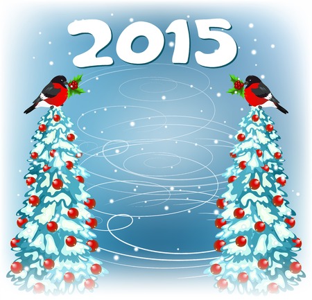 Christmas background with fur trees and bullfinchesのイラスト素材