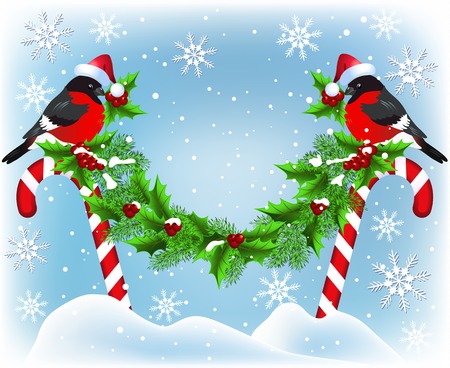 Two bullfinch in Santa hat sitting on a Christmas candy garlandのイラスト素材
