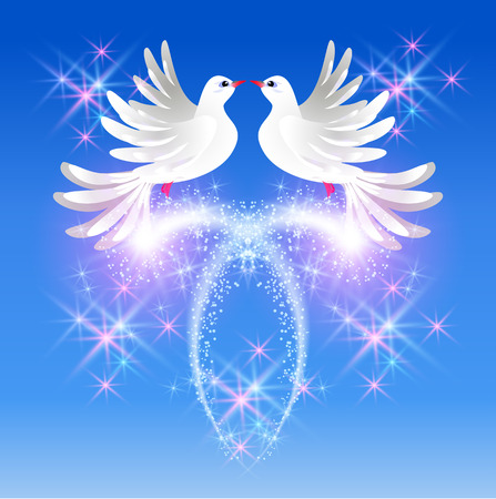 Flying two white doves in the sky and sparkling saluteのイラスト素材