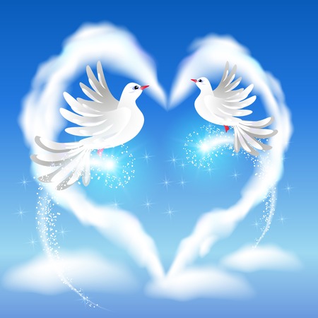 Flying two white pigeon in the blue sky and heart with glowing saluteのイラスト素材