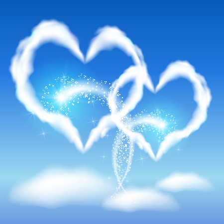 Two cloud hearts with glowing salute in the blue skyのイラスト素材