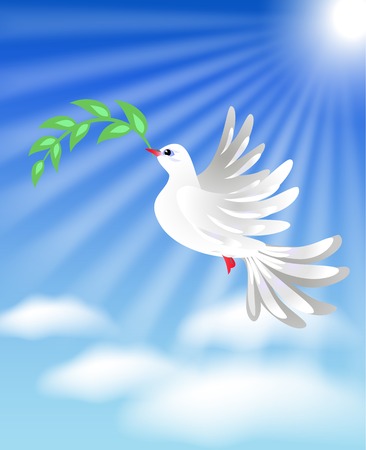 Flying white dove with green branch in the blue sky with cloudsのイラスト素材