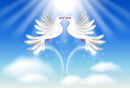 Flying two white doves in the sky and sparkling saluteのイラスト素材