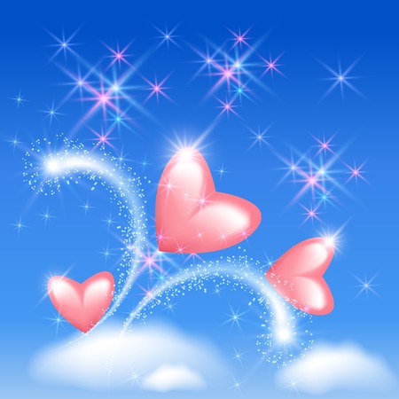 Pink Valentine hearts with fireworks in the skyのイラスト素材