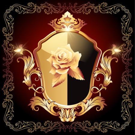 Medieval heraldic shield decorated ornate golden ornament with rose and crownのイラスト素材