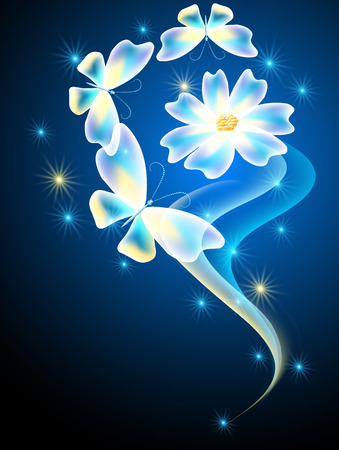 Neon butterflies and flower with shiny smoke and starsのイラスト素材