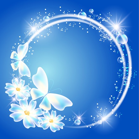 Glowing blue background with transparent butterflies, flowers and sparkle starsのイラスト素材