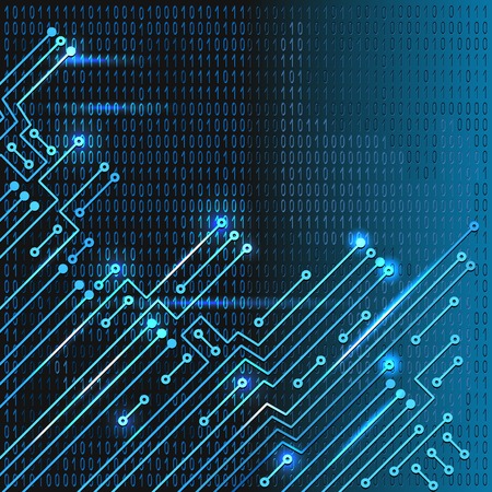 Drawing modern electronic circuit and  binary code on blue glowing background