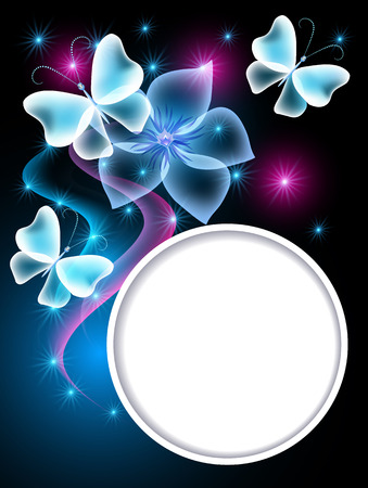 Glowing blue background with transparent butterflies, flower and round frame for text or photoのイラスト素材