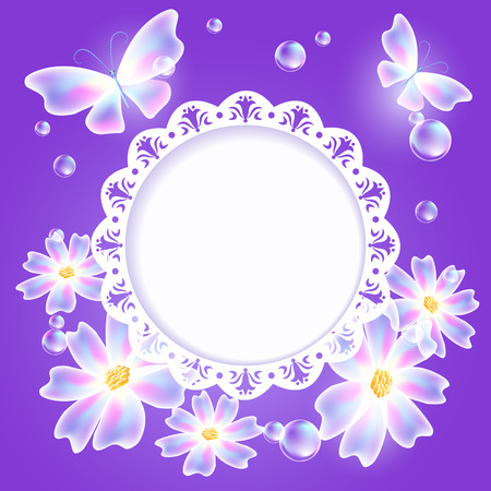 Glowing violet background with transparent butterflies, flowers and openwork frame for text or photoのイラスト素材