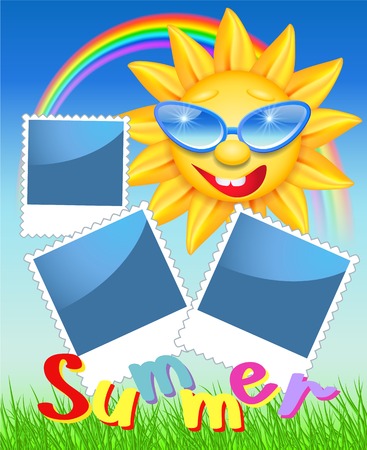 Smiling sun in glasses with rainbow and photo frameのイラスト素材