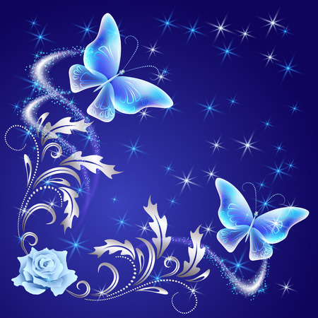 Transparent flying butterflies with silver ornament, rose and glowing fireworkのイラスト素材