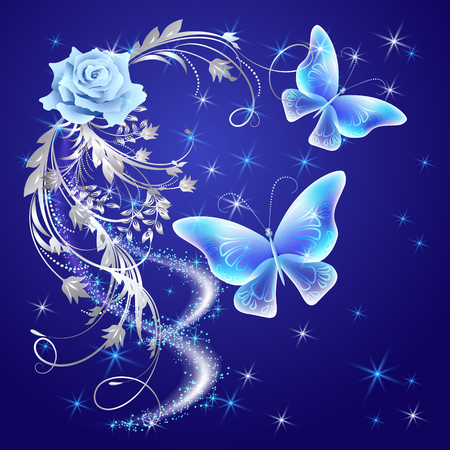 Transparent flying butterflies with silver ornament, rose and glowing fireworkのイラスト素材