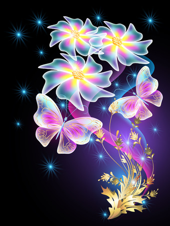 Neon butterflies and transparent daisy with golden ornament and starsのイラスト素材