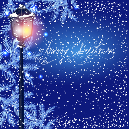 Christmas vintage streetlamp on the evening landscape background and fur treeのイラスト素材
