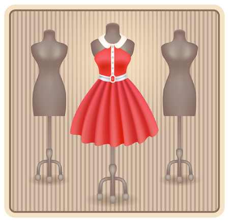 Fashionable dress in retro style on dummy in shop or salon storeのイラスト素材
