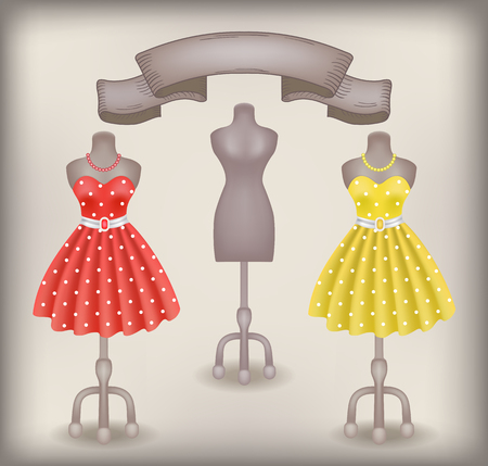 Fashionable dress with polka dots in retro style on dummy in shop or salon storeのイラスト素材