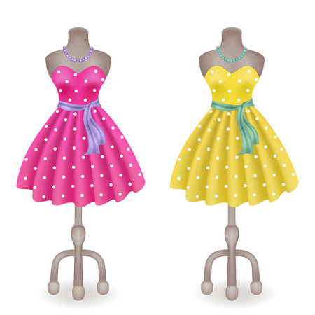 Fashionable dress with polka dots in retro style on dummy in shop or salon storeのイラスト素材