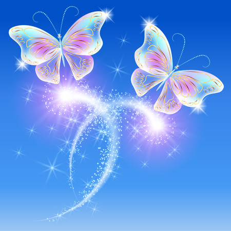 Transparent flying butterflies and fireworkのイラスト素材