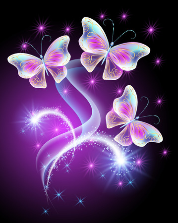 Neon butterflies with firework and shiny starsのイラスト素材