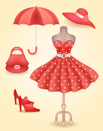 Fashionable dress with polka dots in retro style on dummy and accessories  in shop or salon store on showcase in vintage frame. Decoupage card.のイラスト素材