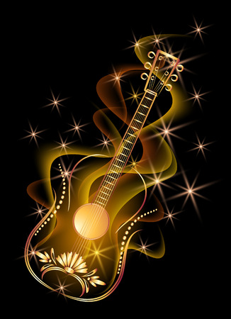 Golden decorative guitar in smoke and glowing starsのイラスト素材