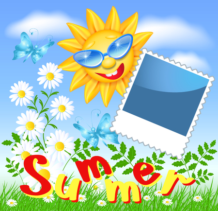 Smiling sun in glasses with photo frame and daisyのイラスト素材