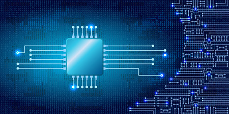 Drawing modern electronic circuit and  binary code on blue backgroundのイラスト素材