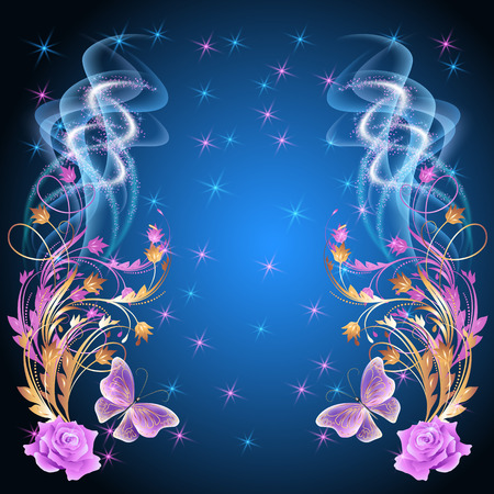 Magic  butterflies with  floral ornament, roses and glowing fireworkのイラスト素材