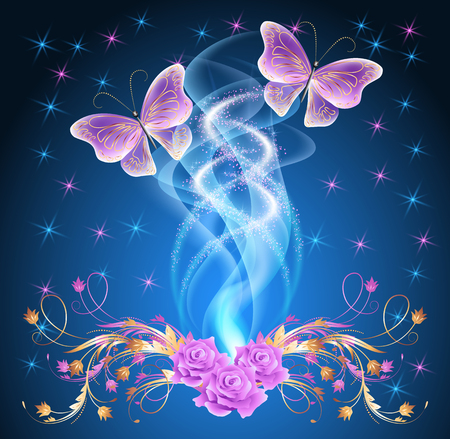 Magic  butterflies with  floral ornament, roses and glowing fireworkのイラスト素材