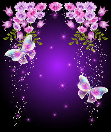 Flying butterflies with flowers and glowing stars. Greeting card.のイラスト素材