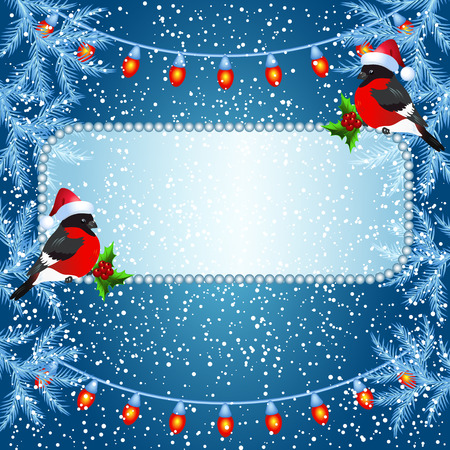 Christmas card with billboard and bullfinches on the evening landscape background and spruceのイラスト素材