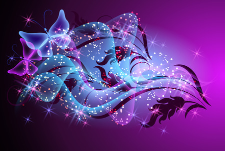 Floral ornament with butterflies and glowing smoke with sparkle starsのイラスト素材
