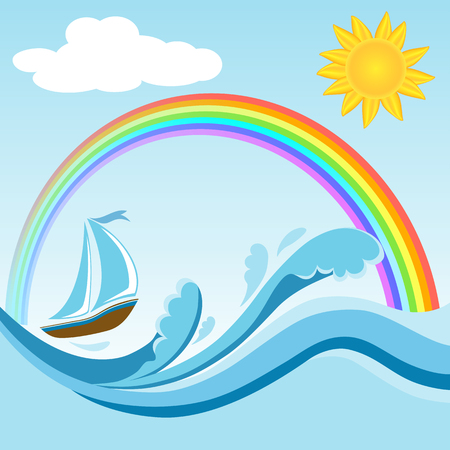 Sailboat on sea waves with rainbow and sun. Water sport and travel.のイラスト素材