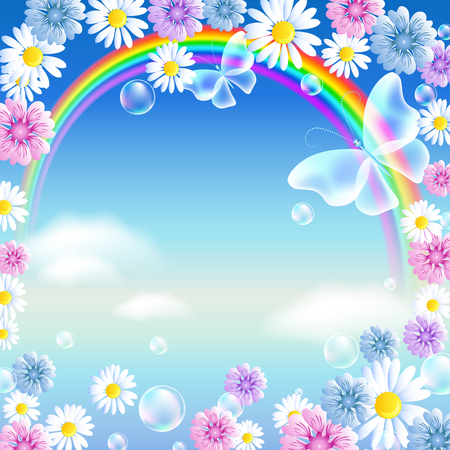 Rainbow with butterflies and flowers in the clouds sky. Summer background.のイラスト素材