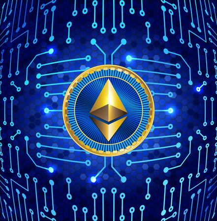 Virtual symbol coin ethereum on electronic circuit background. Crypto currency.のイラスト素材