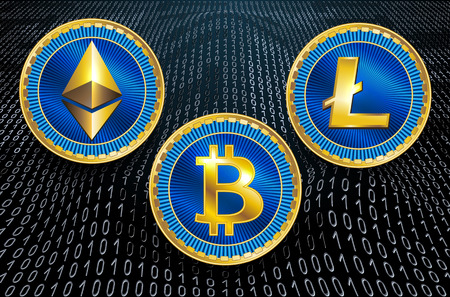 Virtual symbols of the coin bitcoin, litecoin and ethereum on  binary code background. Crypto currency.のイラスト素材