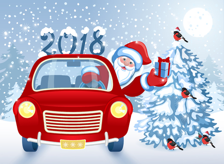 Christmas card with Santa Claus in red car with gift box against winter forest background and moon sky. New Year design postcard in retro style.のイラスト素材