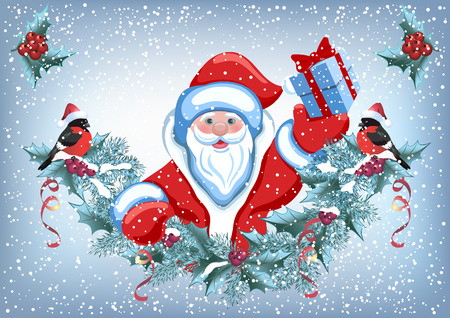 Christmas card with Santa Claus with gift box and christmas decorative garland and funny bullfinches. New Year design postcard.のイラスト素材