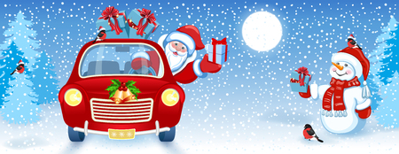 Christmas card with Santa Claus in red car with gift box and Snowman against winter forest background. New Year design postcard or web banner.のイラスト素材