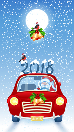 Christmas card with Santa Claus in red car illustration.のイラスト素材