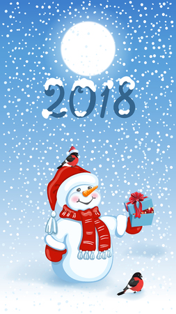 Christmas card with funny Snowman in Santa cap with gift box against winter forest.のイラスト素材