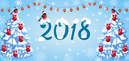 Christmas card with inscription 2018 and fir tree with red balls. New Year postcard.のイラスト素材