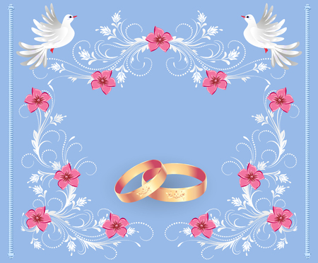 Floral ornament frame, golden rings and two dove for decorative congratulatory celebration greeting card or wedding invitation Vector illustration.のイラスト素材