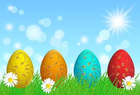 Easter eggs with decorative golden ornament stand on green grass against blue sky and sunのイラスト素材