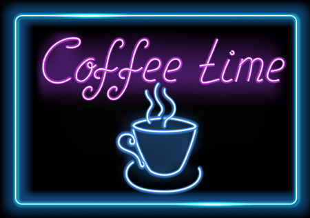 Neon signboard with glowing coffee cup and inscription "Coffee time" for advertising cafe or barのイラスト素材